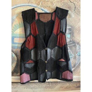 Vintage Suede Leather Vest Patchwork with Crochet  (see Measurements) Size M